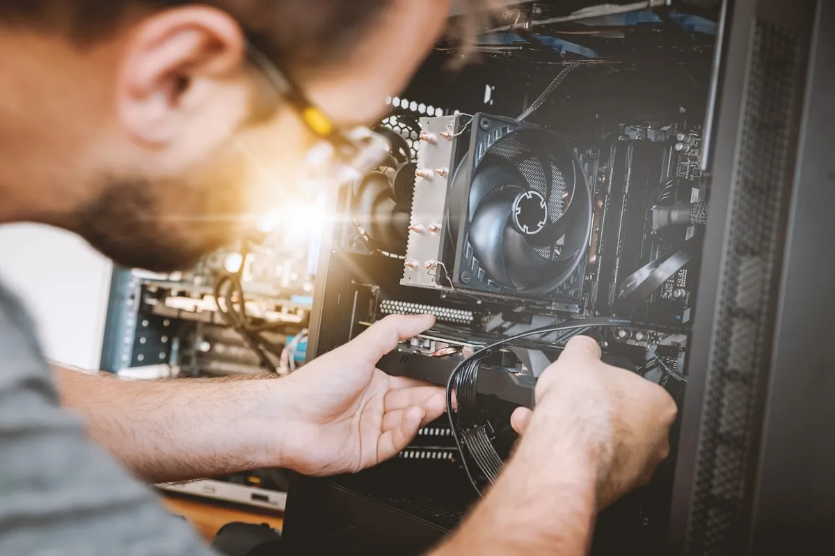 Técnico armando una computadora de escritorio